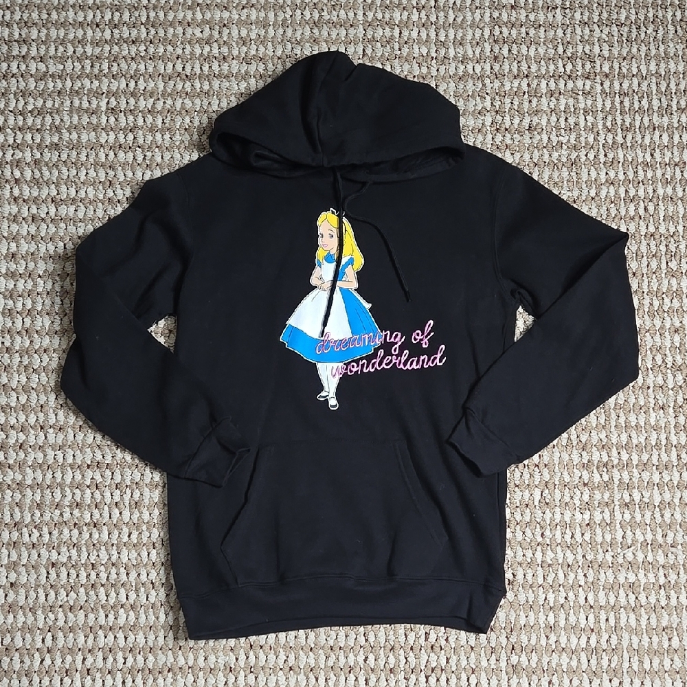 Disney Alice in Wonderland Hoodie XS 0 - 2 Sweater Stitched Stay Curious Top - Picture 1 of 2